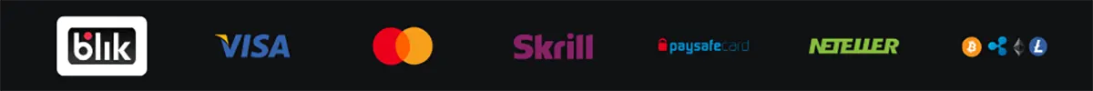 Payment method icons for Blik, Visa, Mastercard, Skrill, Paysafecard, Neteller, and cryptocurrencies (Bitcoin, Ethereum, Litecoin).