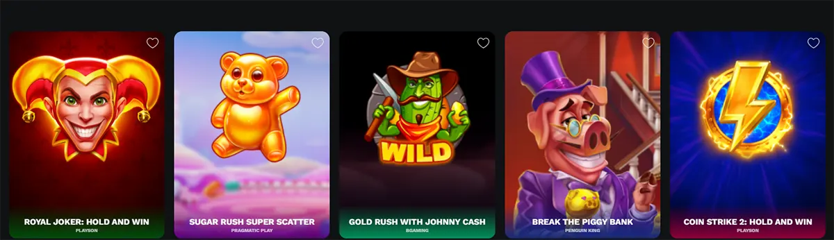 Casino game thumbnails showing Royal Joker: Hold and Win, Sugar Rush Super Scatter, Gold Rush with Johnny Cash, Break the Piggy Bank, and Coin Strike 2: Hold and Win, each featuring colorful characters or symbols from the games.