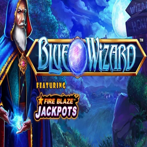Blue Wizard Fire Blaze Jackpots logo by Rarestone Gaming at BetOnRed Casino